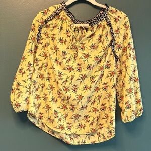 Dalia Yellow Feminine Floral 3/4 Sleeve Ruffle Trim Peasant Blouse size S